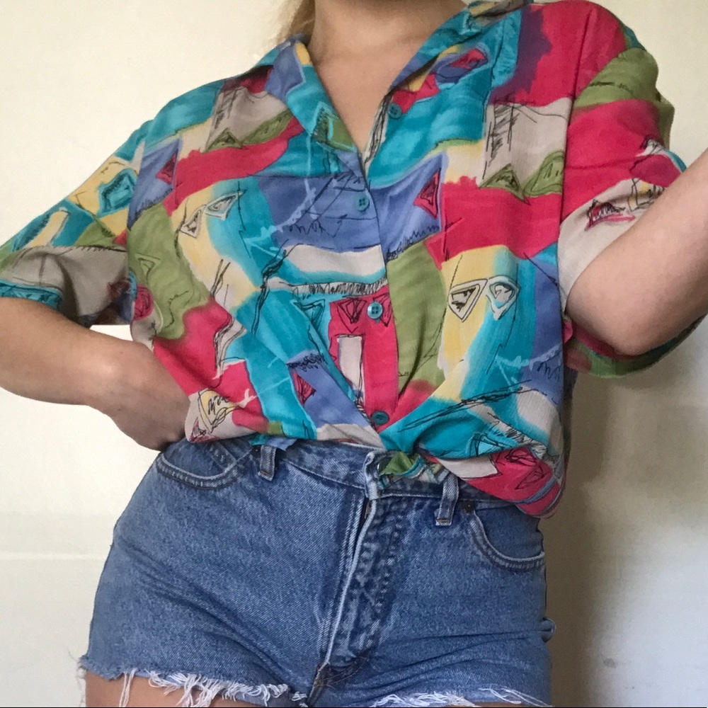 Rainbow Print Short Sleeve Button Up Shirt size 16